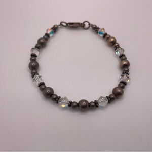 Sterling Silver 925 Beaded Bracelet Clear Crystal 7” Artisan Style
